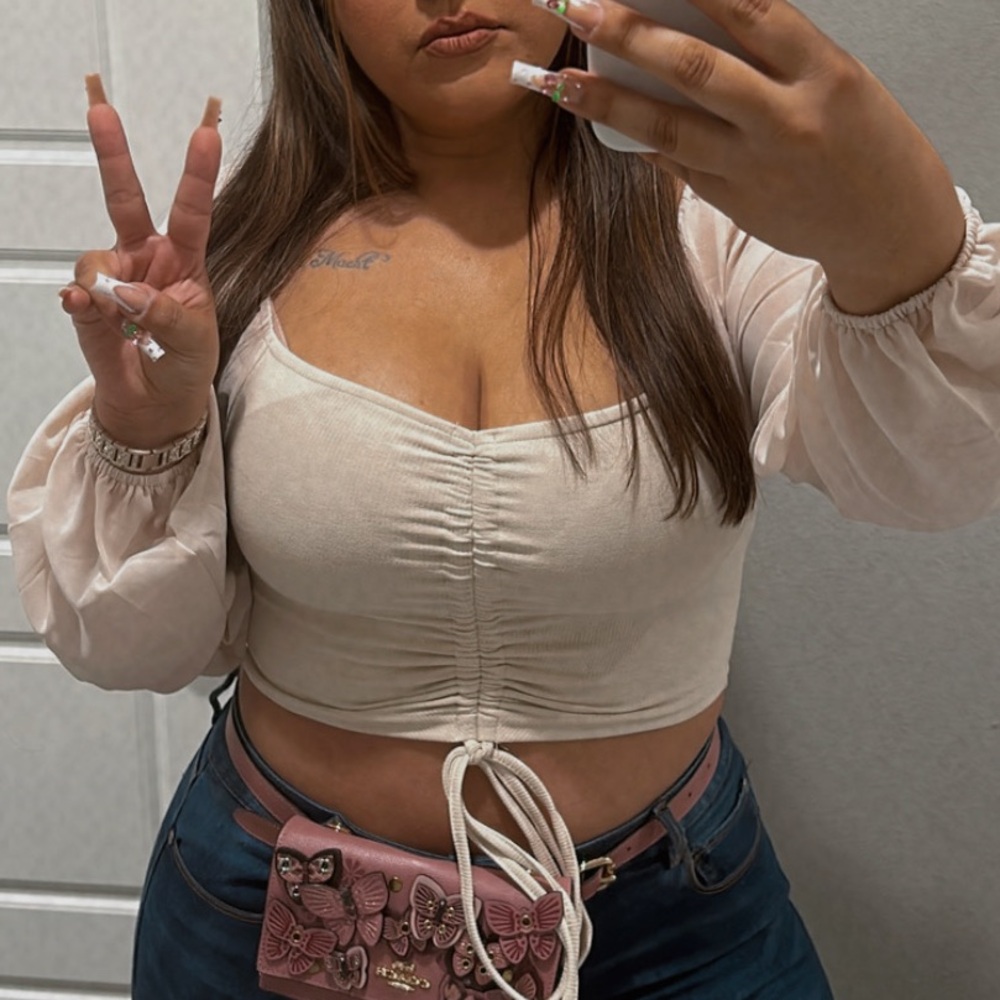 SHEIN Cream Ruched Crop Blouse